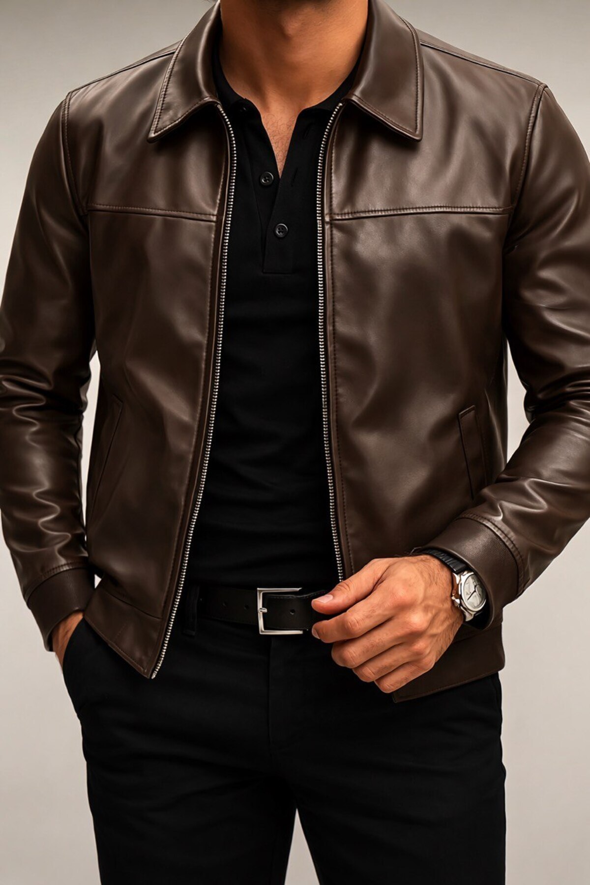 BASEL.CO  Premium Slim Fit Polo Yaka Deri Ceket - Görsel 2