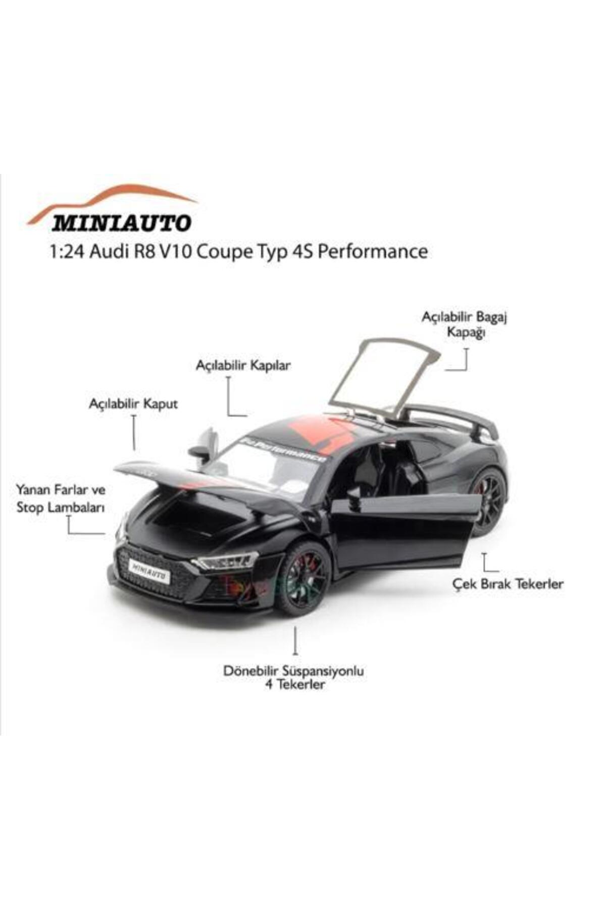 ミニッツ　AUTOSCALECollection　Audi　R8 Mini Auto Mınıauto Audi R8 Siyah 1:24 Metal Çek Bırak Kapıları
