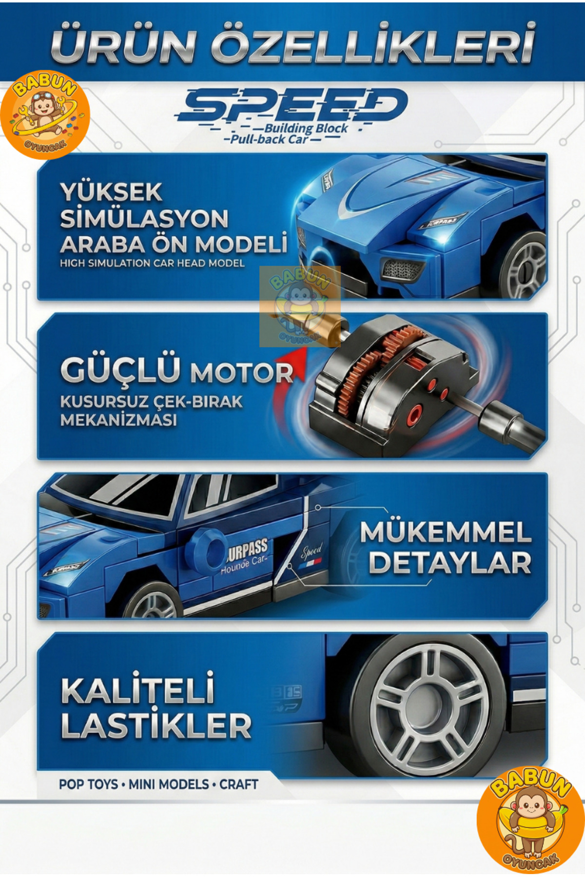 SPEED Bricks Mini Lego Araba Yapı Blok Seti - Çek-Bırak Spor Araba Yapım Seti -Speed Lacivert (64 Parça) fotoğrafı 3 (önizleme)