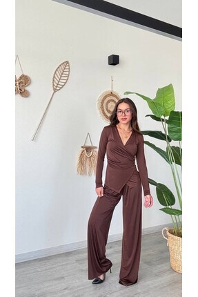 ozelia Aksesuar Detaylı Kruvaze Yaka Dökümlü Uzun Kollu Bluz-Kahve