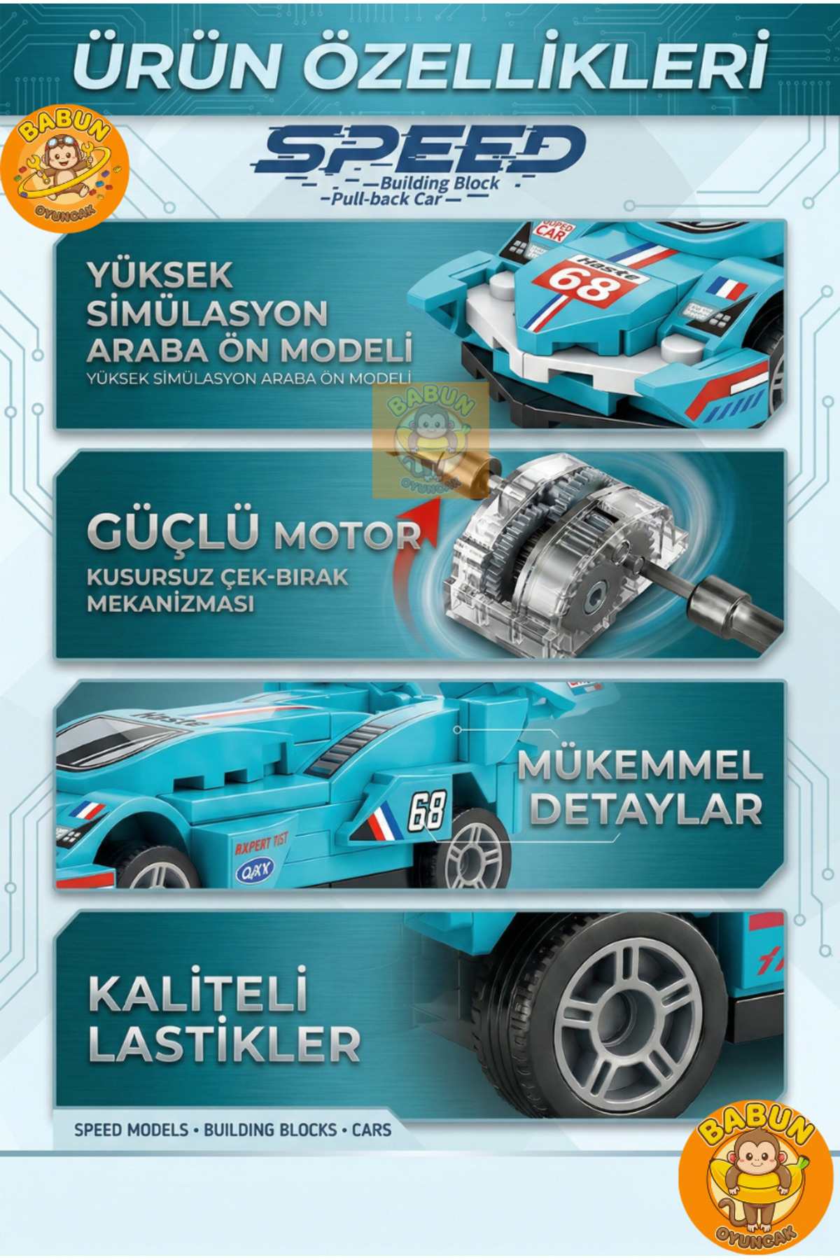 SPEED Bricks Mini Lego Araba Yapı Blok Seti - Çek-Bırak Spor Araba Yapım Seti -Speed Turkuaz (86 Parça) fotoğrafı 3 (önizleme)
