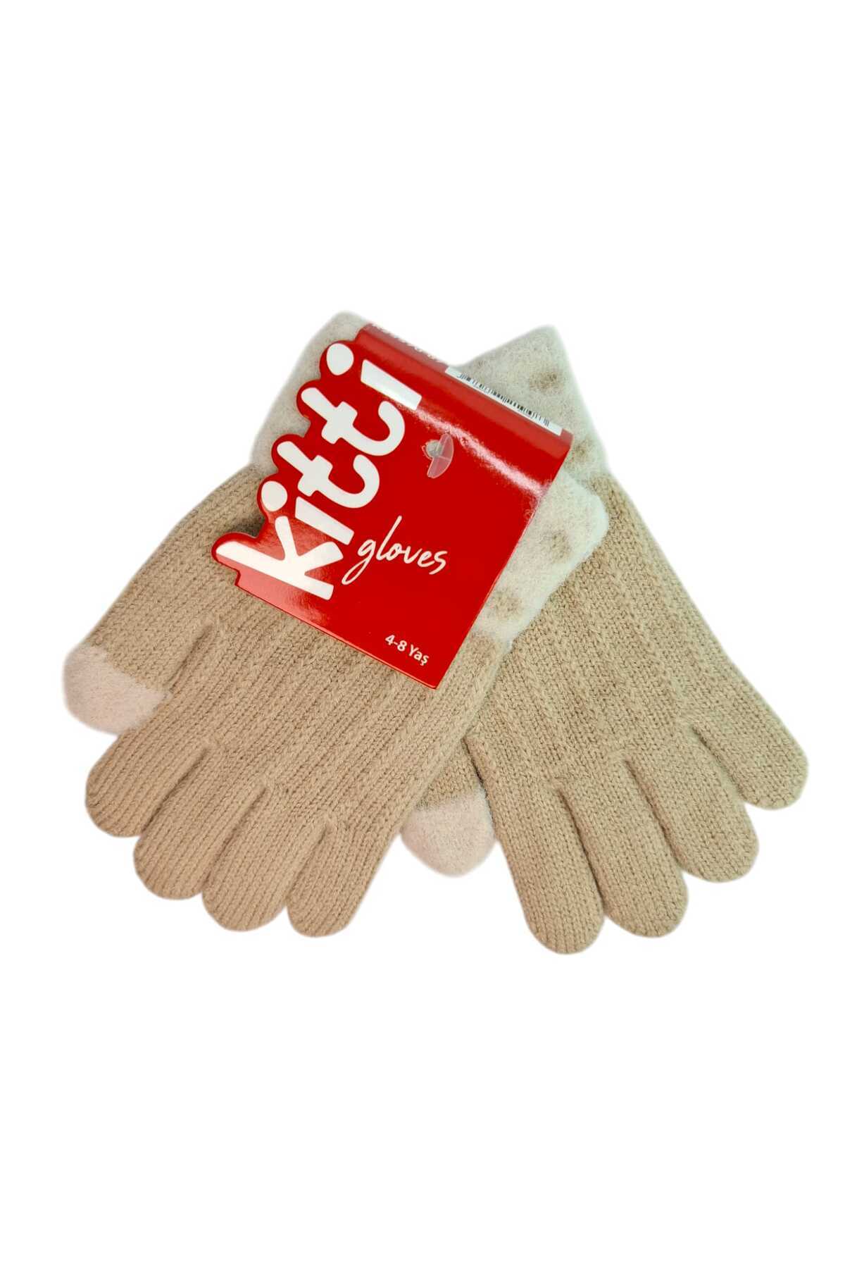 Kitti Spteks 4-8 Yaş Kız Çocuk Bej Renk Düz Çizgi Desenli Kışlık Örme Eldiven fotoğrafı 3 (önizleme)
