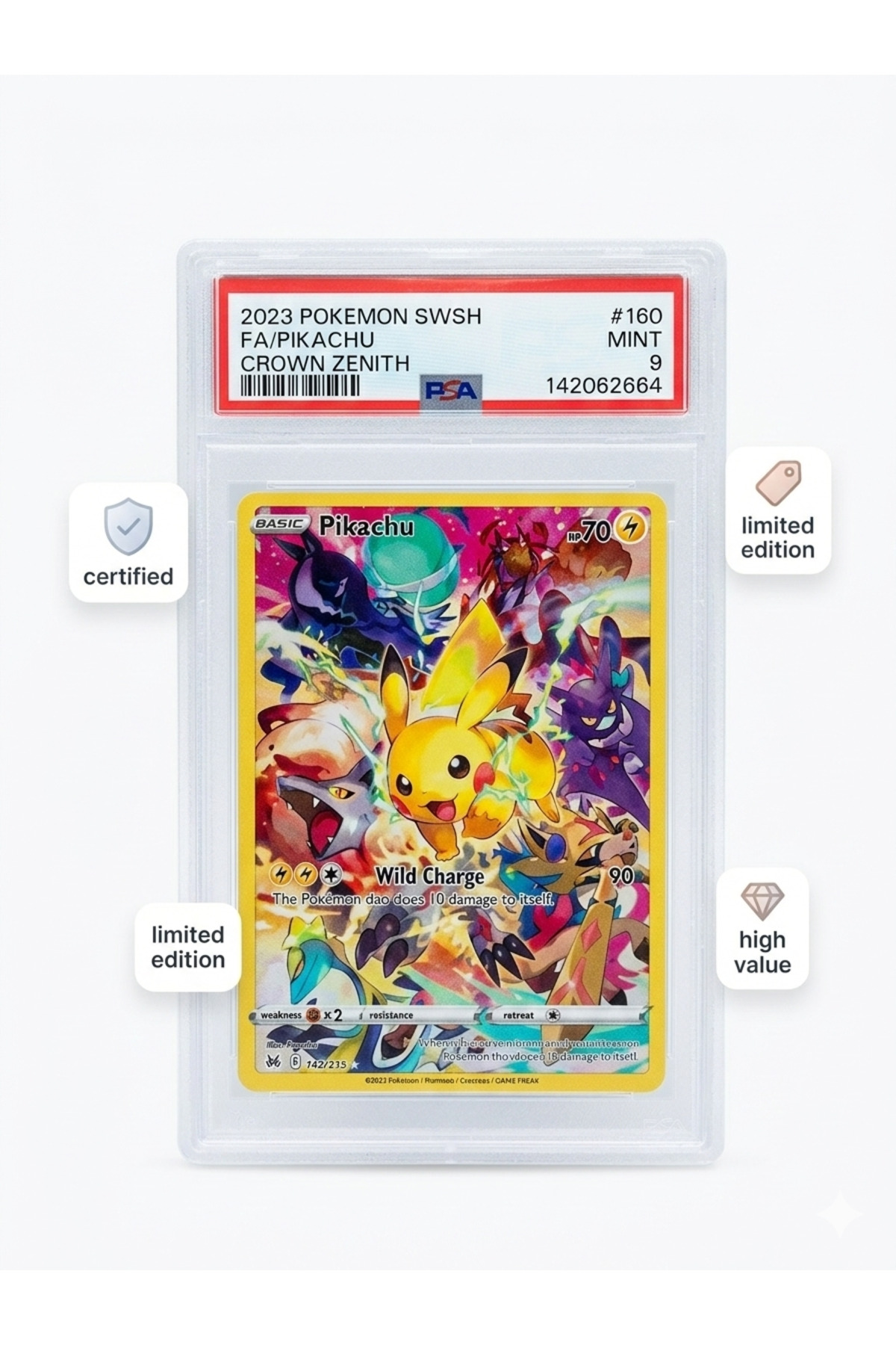 Pokémon PSA 9 Mint Pikachu 160/159 Crown Zenith Kart – Sertifikalı
