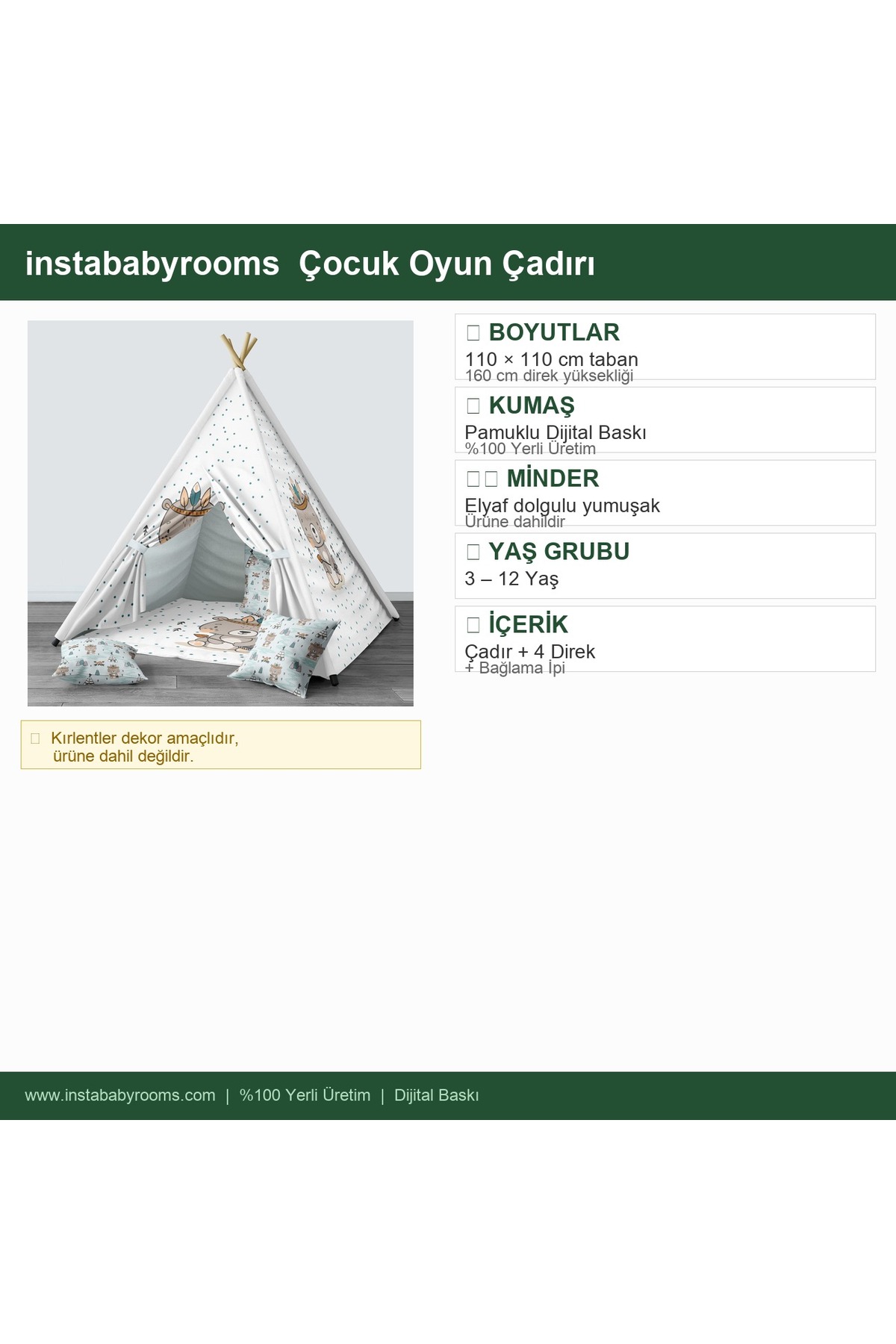 instababyrooms Çocuk Oyun Çadırı Kızılderili Temalı Ayı Dijital Baskılı fotoğrafı 4 (önizleme)