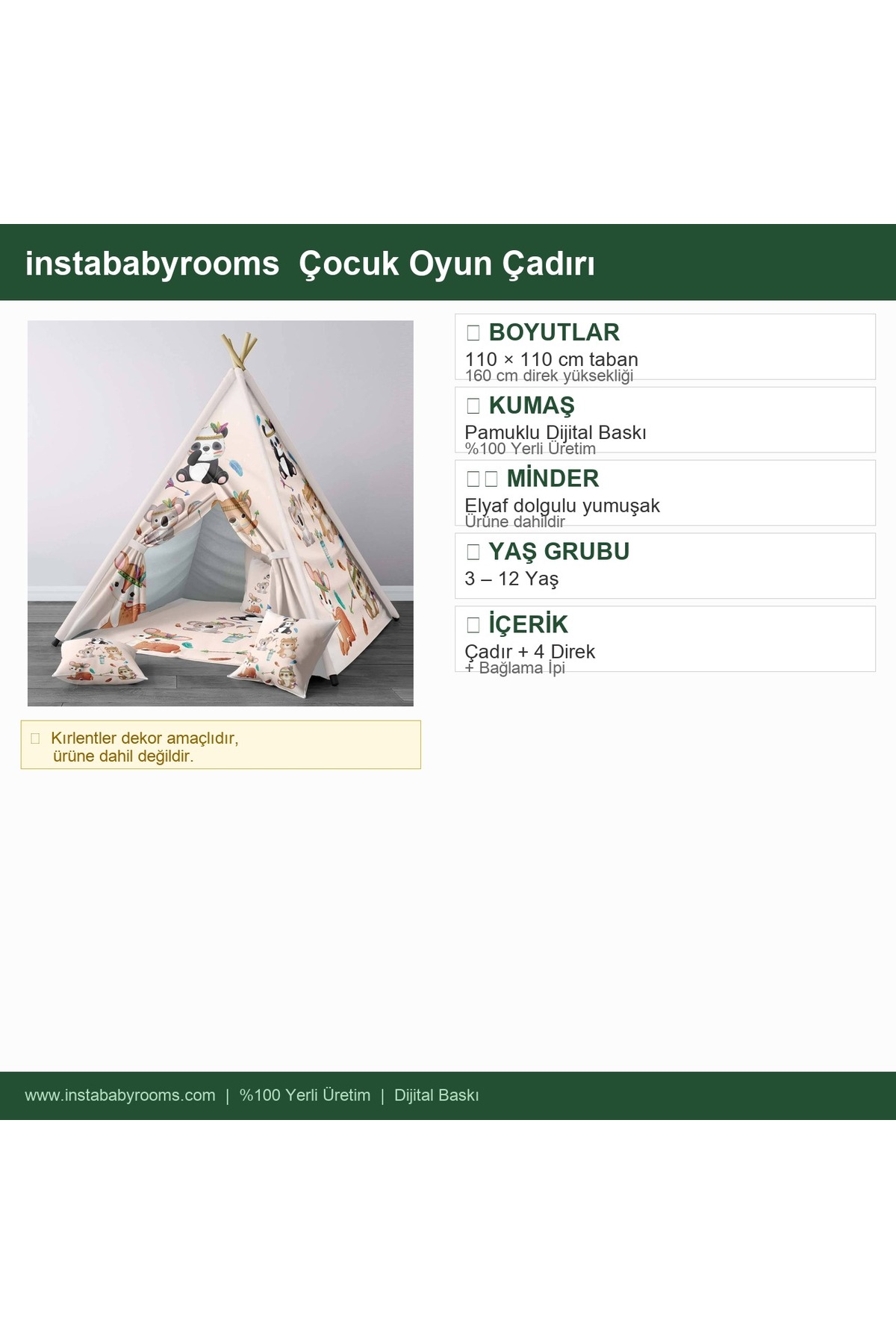 instababyrooms Çocuk Oyun Çadırı Boho Temalı Hayvanlar Dijital Baskılı fotoğrafı 4 (önizleme)