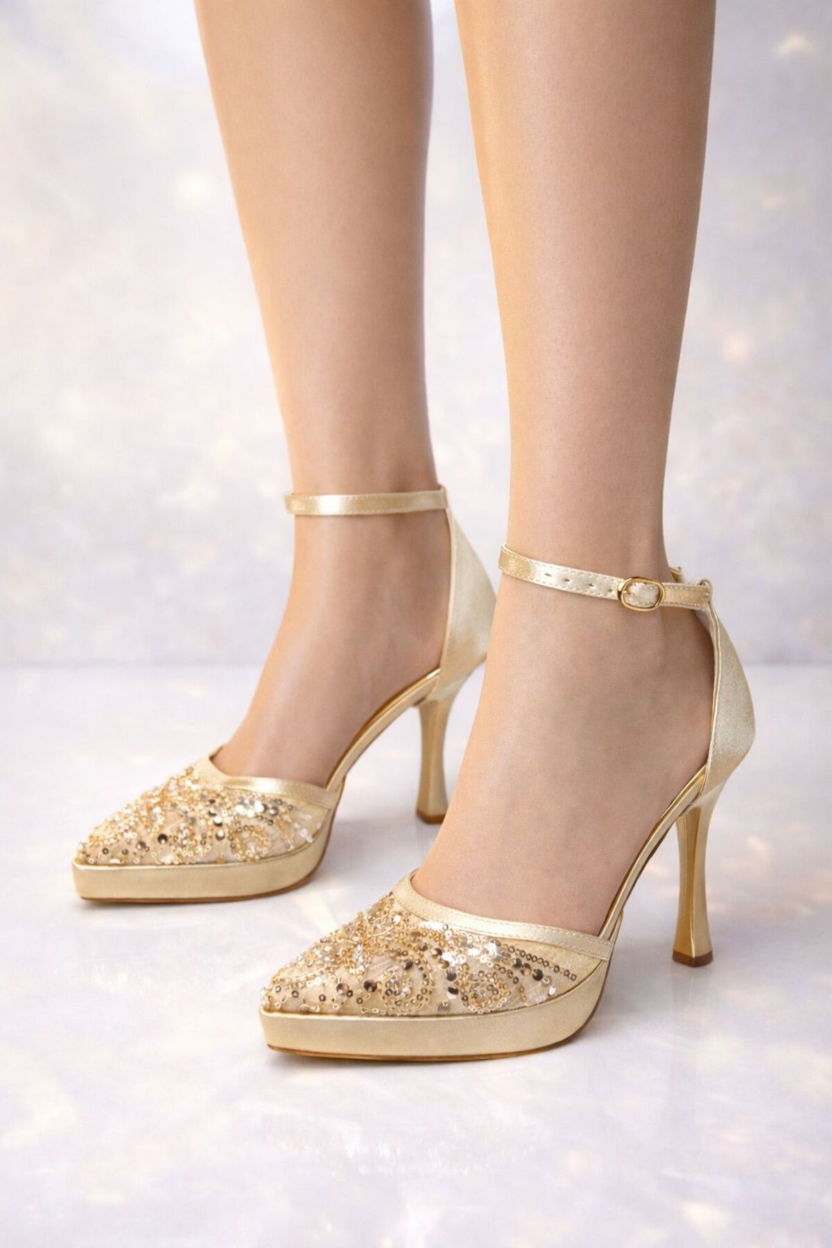 Luminous Gold & Evening Shoes – 8 cm Thin Heels, Platform, Stone Embroidered Special Design