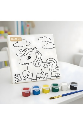 Alindero Çocuk boyama tuval seti UNİCORN 6 lı akrilik boya + fırça + hazır gö...