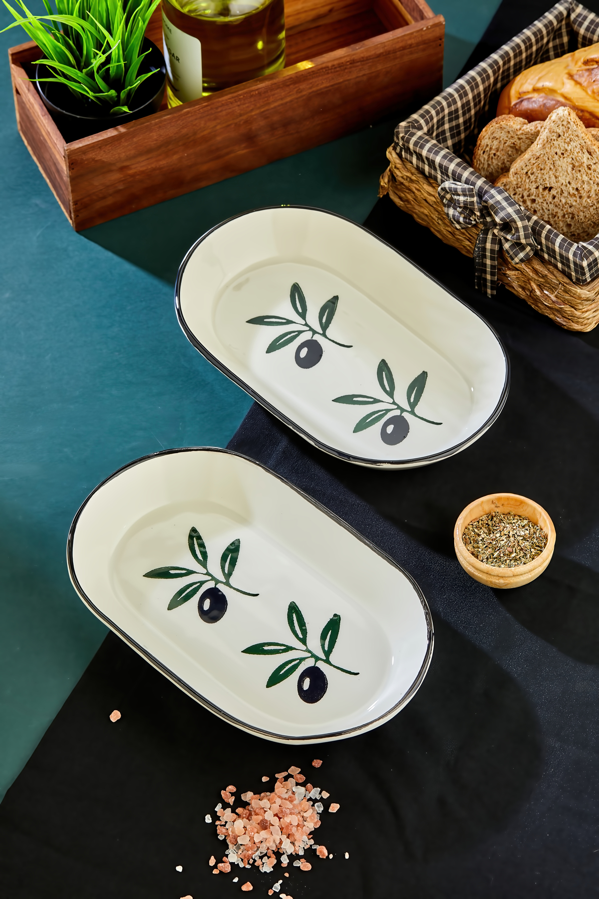 Akkoyunlu home Zeytin Desenli Seramik Oval Kahvaltı Ve Sunum
