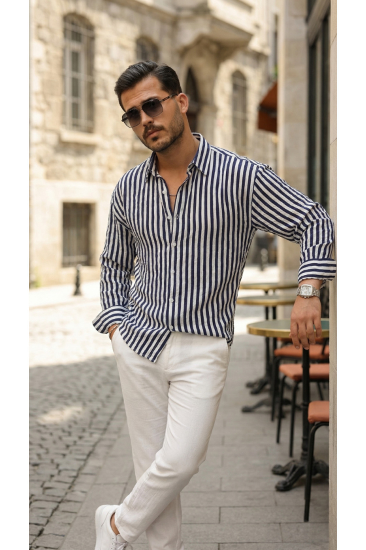 GETFAY Erkek Dikey Çizgili Yarım Oversize Gömlek-Lacivert fotoğrafı 3 (önizleme)