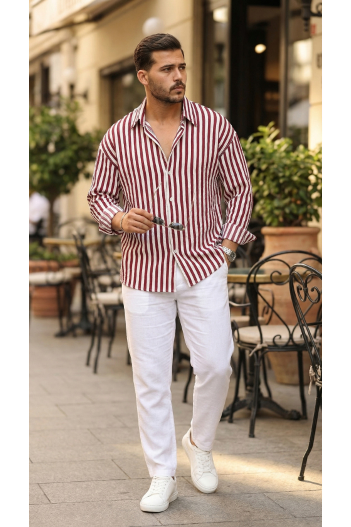 GETFAY Erkek Dikey Çizgili Yarım Oversize Gömlek-A.bordo fotoğrafı 6 (önizleme)