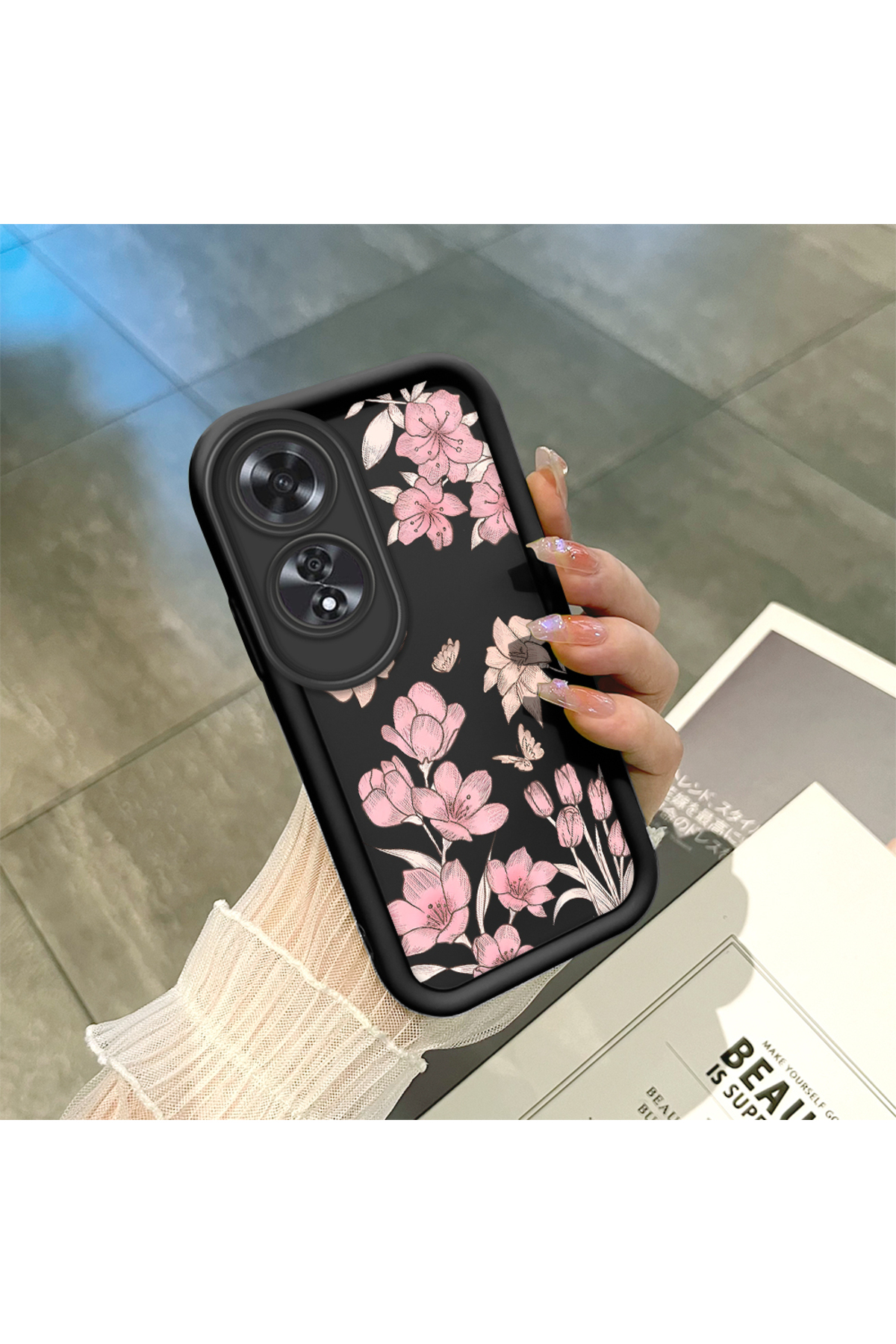 Black Silicone Case Shockproof Camera Protected Stylish Printing Compatible with OPPO A60
