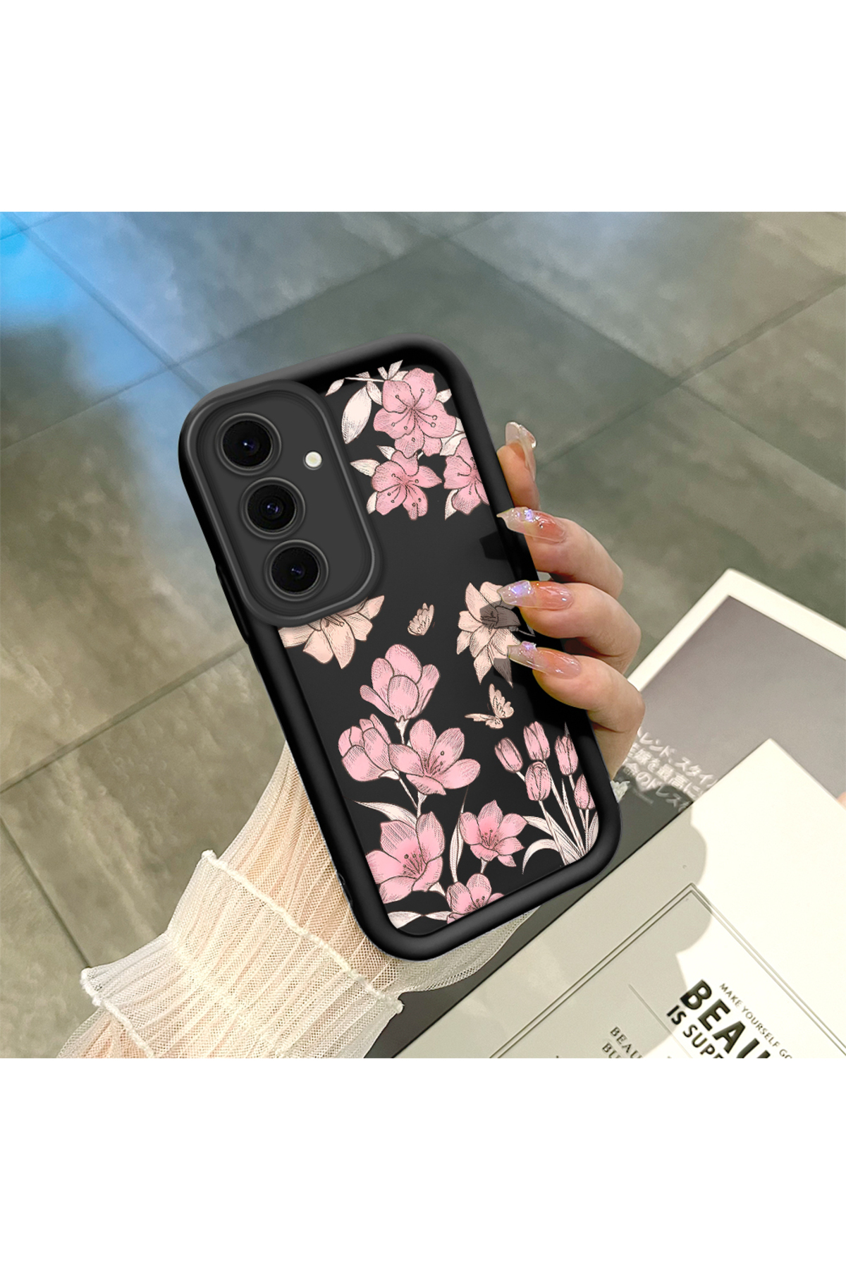 Samsung Galaxy S24 FE Compatible Black Silicone Case Shockproof Camera Protected Stylish Print