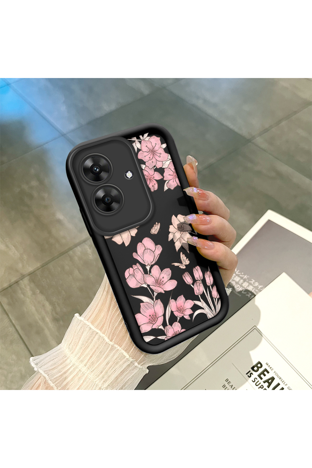 Realme Note 60 Compatible Black Silicone Case Shockproof Camera Protected Stylish Print