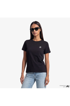 Tommy Hilfiger Kadın Marka Logo Detaylı Çizgili Regular Fit Kısa Kollu Siyah ...