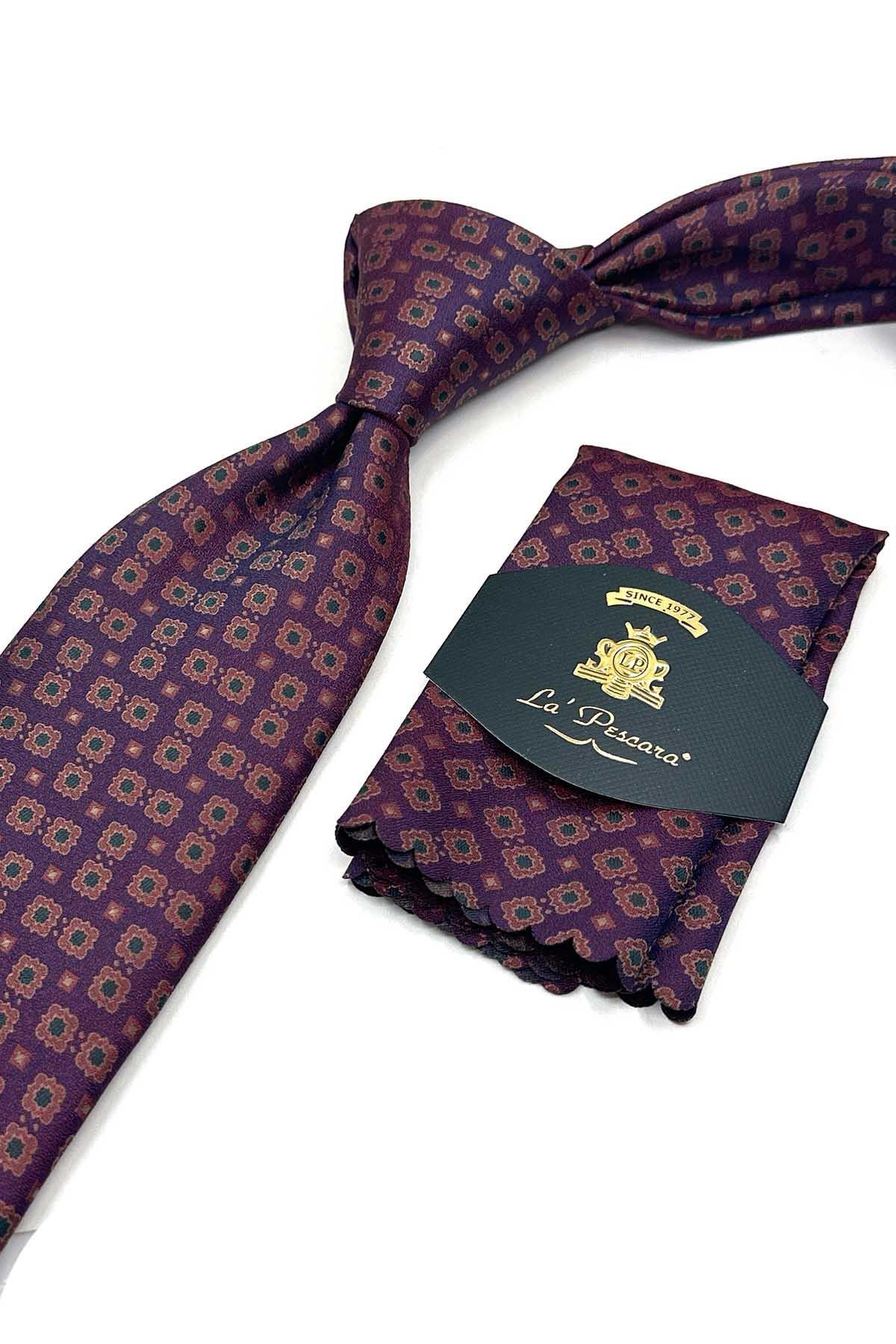 Kravatkolik Bordo - Lacivert Motif Desen Mendilli Klasik Kravat KK13659 görsel 2