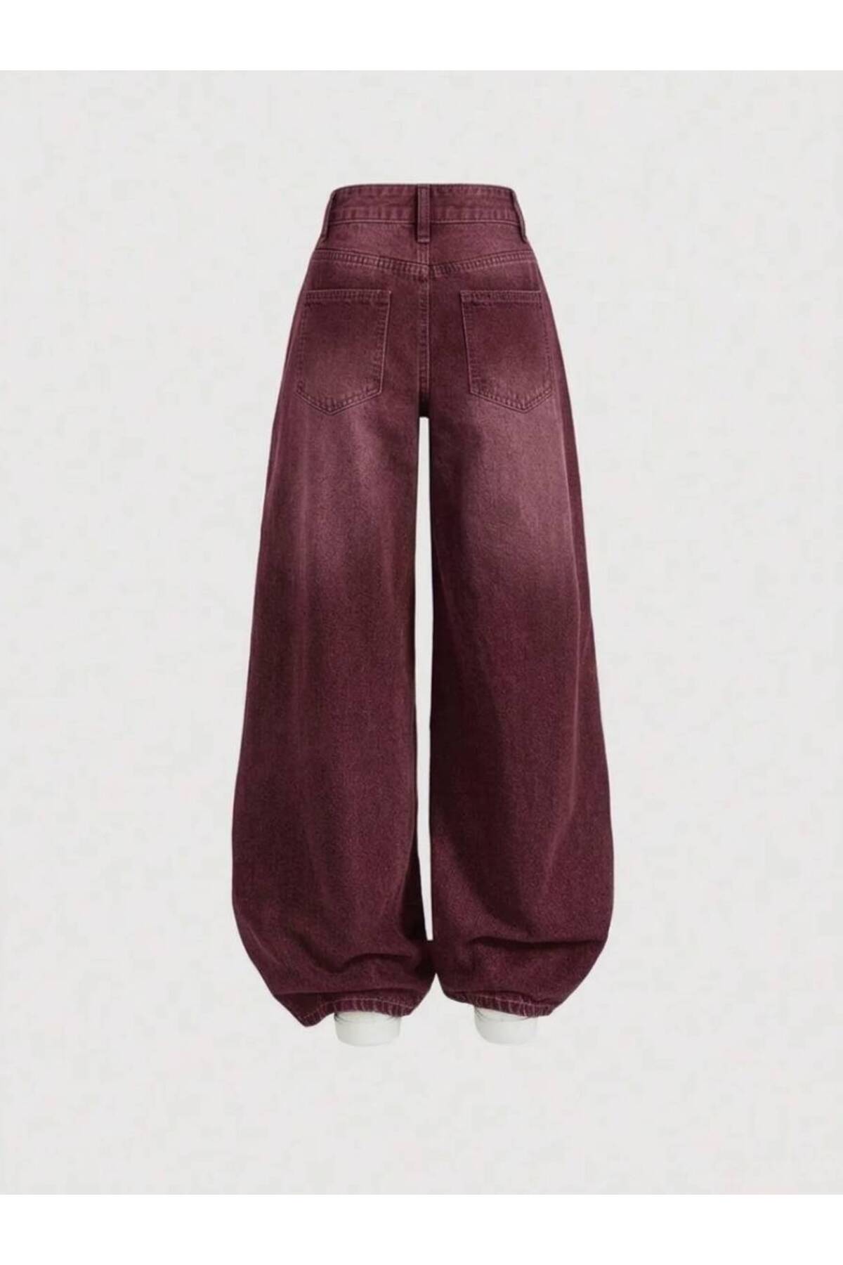 8line  Bordo Yıkamalı Baggy Salaş Cepli Bol Kesim Kot Pantolon - Görsel 2