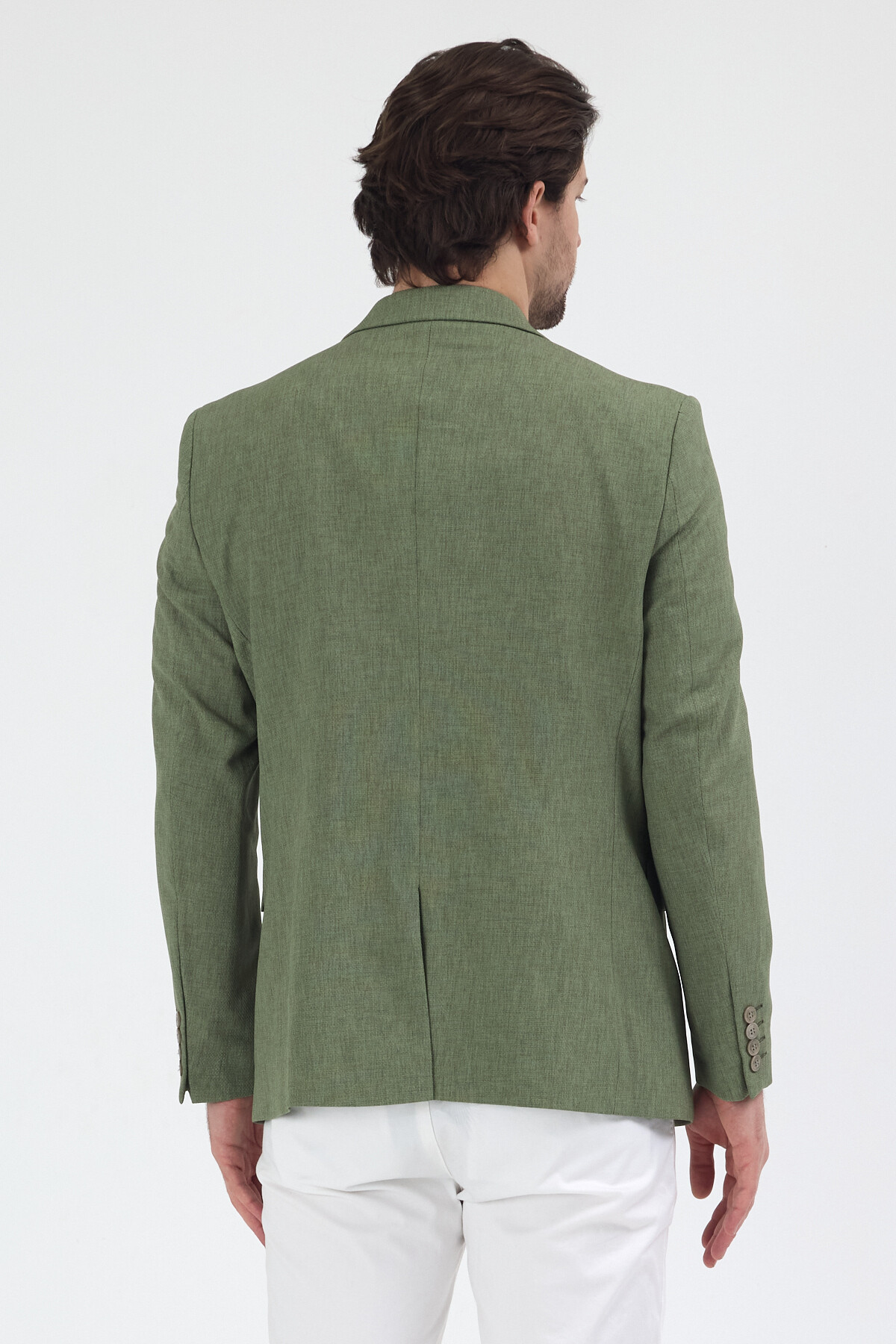 Frappoli  Arunte Erkek Yeşil Keten Görünümlü Ince Dört Mevsim Giyilebilir Slim Fit Blazer Ceket - Görsel 8