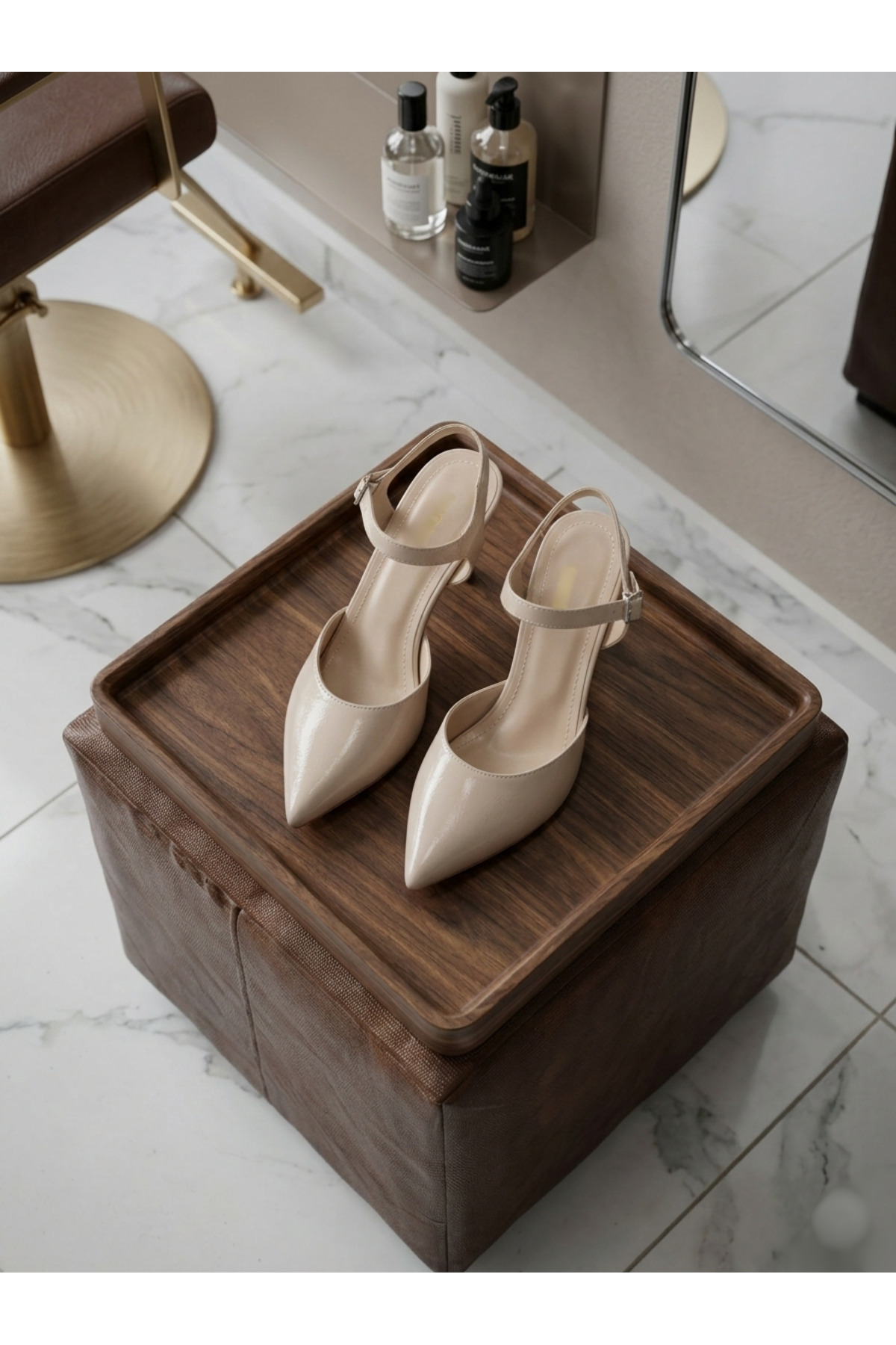 leopar by çetinay  Zarif Bej Yanki Rugan Sivri Burun Kadın Topuklu Ayakkabı – Bilek Bantlı Şık Tasarım - Görsel 4