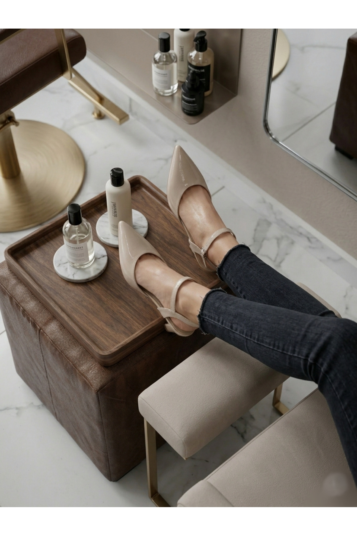 leopar by çetinay  Zarif Bej Yanki Rugan Sivri Burun Kadın Topuklu Ayakkabı – Bilek Bantlı Şık Tasarım - Görsel 2