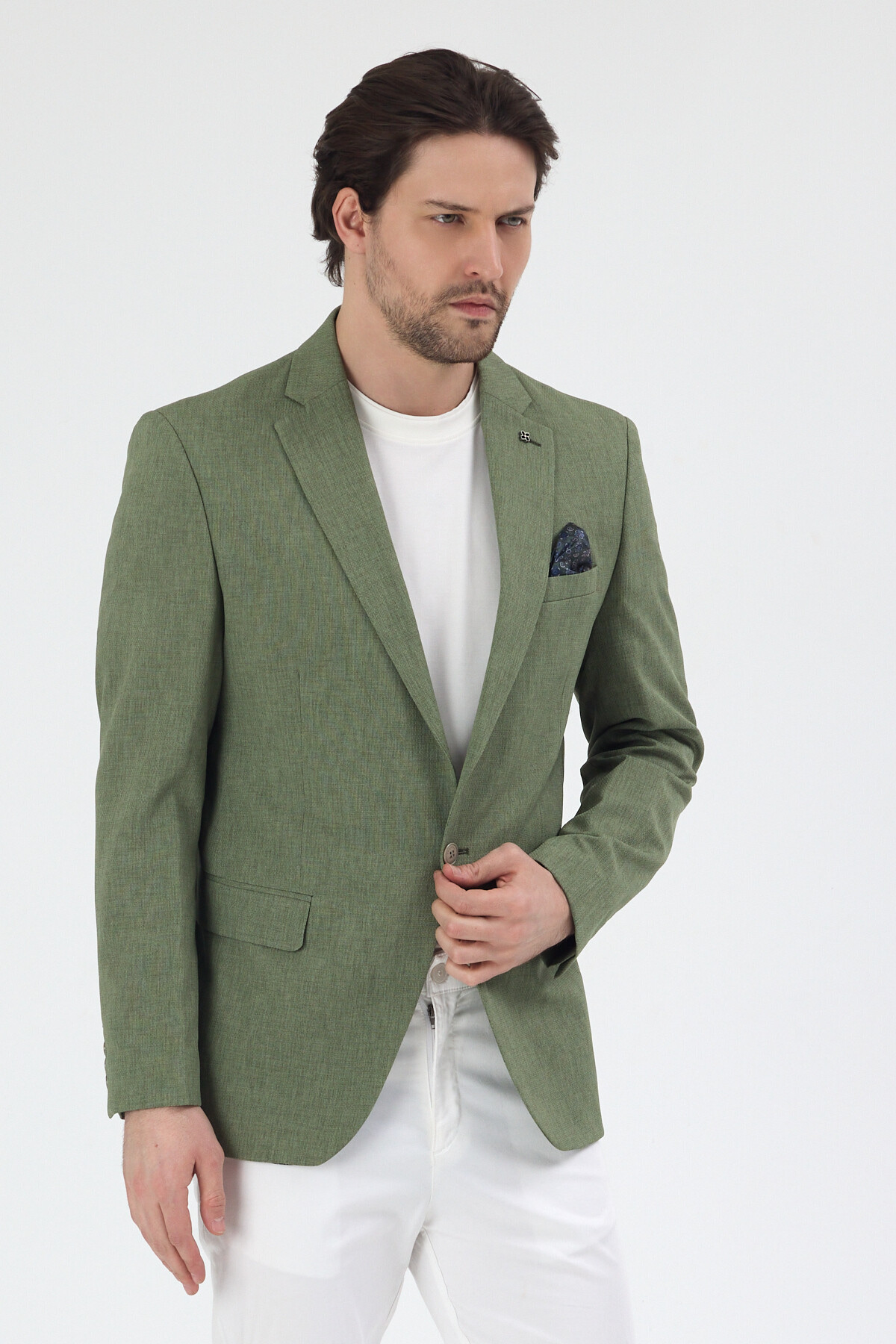 Frappoli  Arunte Erkek Yeşil Keten Görünümlü Ince Dört Mevsim Giyilebilir Slim Fit Blazer Ceket - Görsel 6