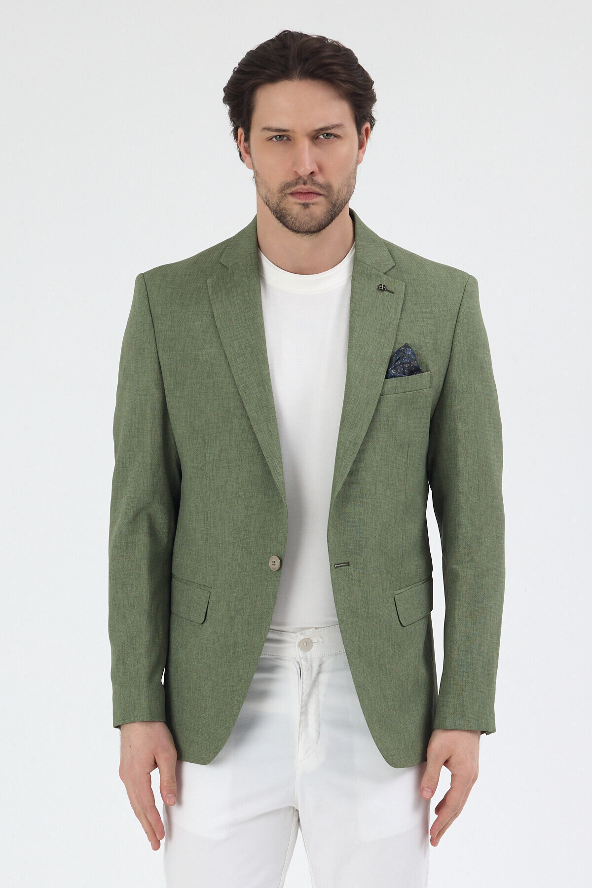 Frappoli  Arunte Erkek Yeşil Keten Görünümlü Ince Dört Mevsim Giyilebilir Slim Fit Blazer Ceket - Görsel 3