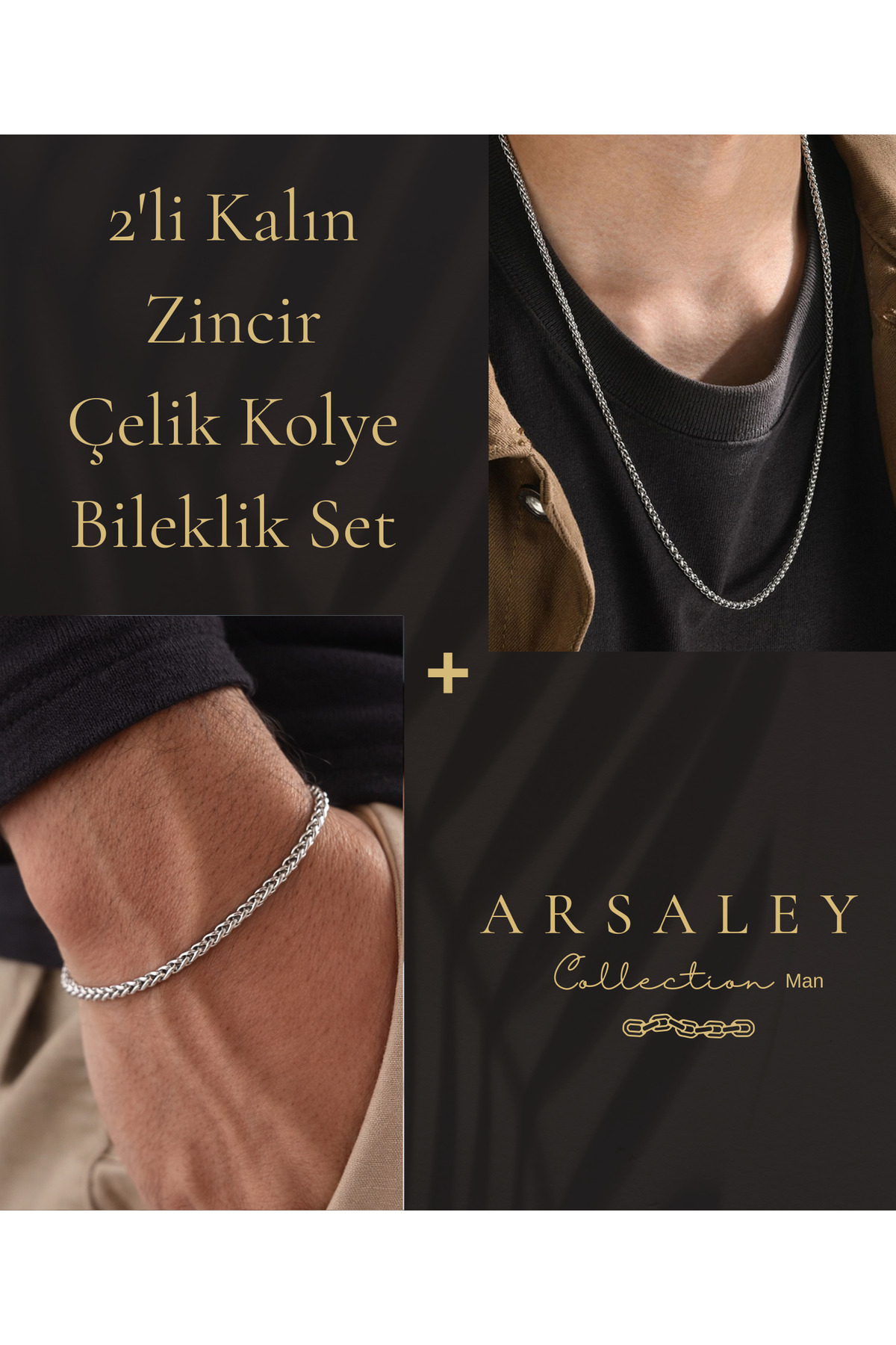 Çelik Kalın Zincir Gümüş Renk Erkek Kolye Ve Bileklik 2'li Set