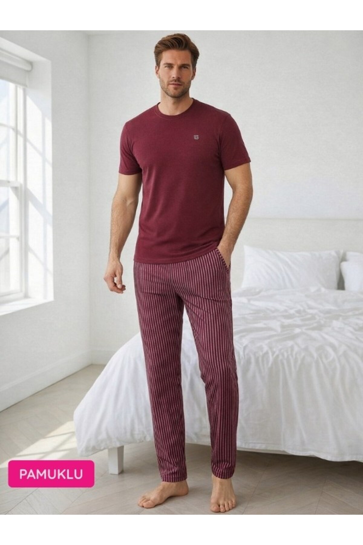 Men's Claret Red Buttonless Crew Neck Striped Jacquard Cotton Lycra Short Sleeve Pajamas Set with Pockets