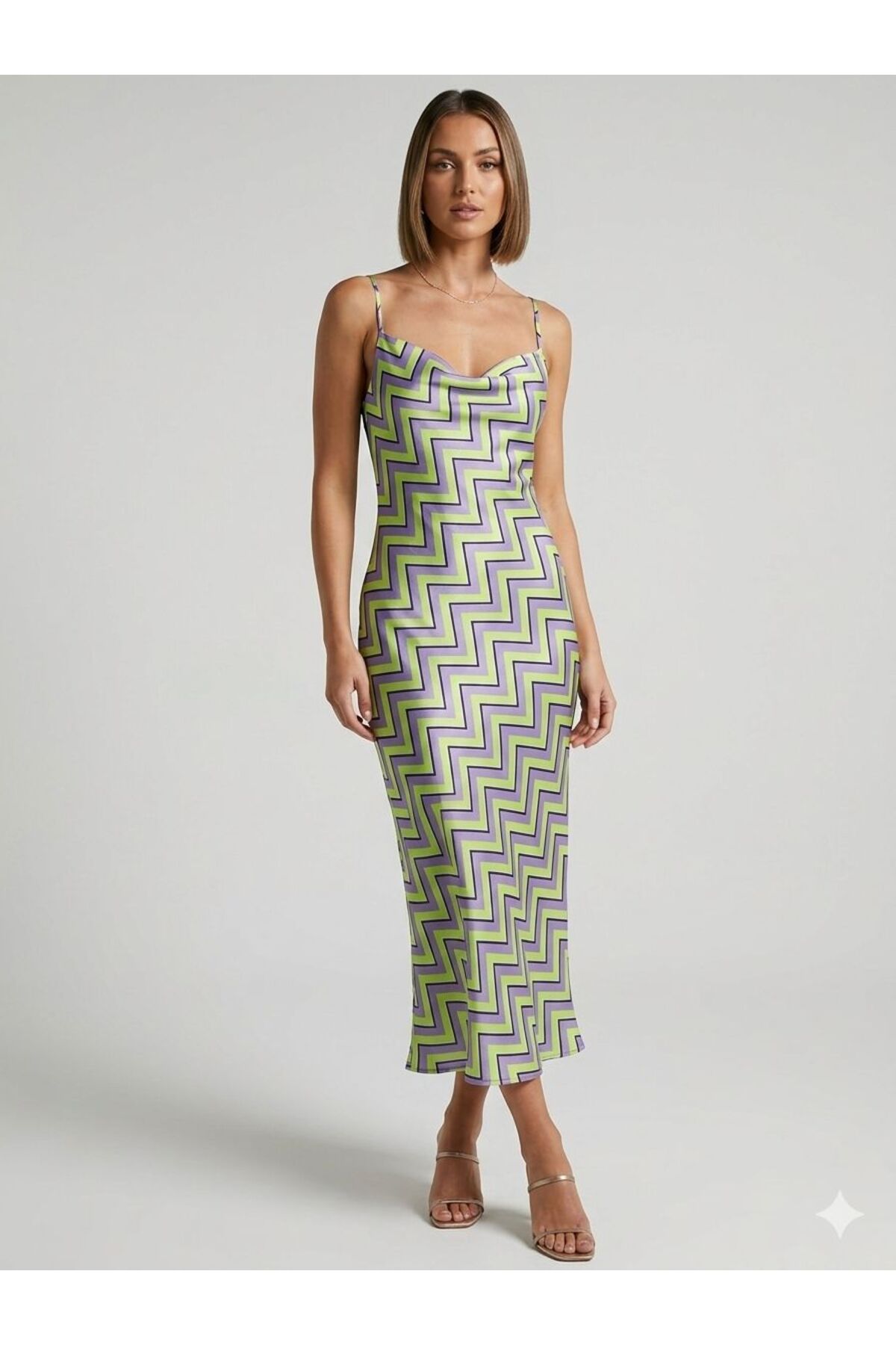 Women's Green Lilac Zigzag Pattern Satin Midi Size Strap Dress