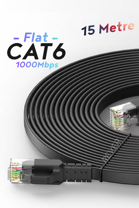 Rever CAT6 Ethernet Kablosu 15 Metre Flat Tasarım 1000Mbps Fabrikasyon Modem ...