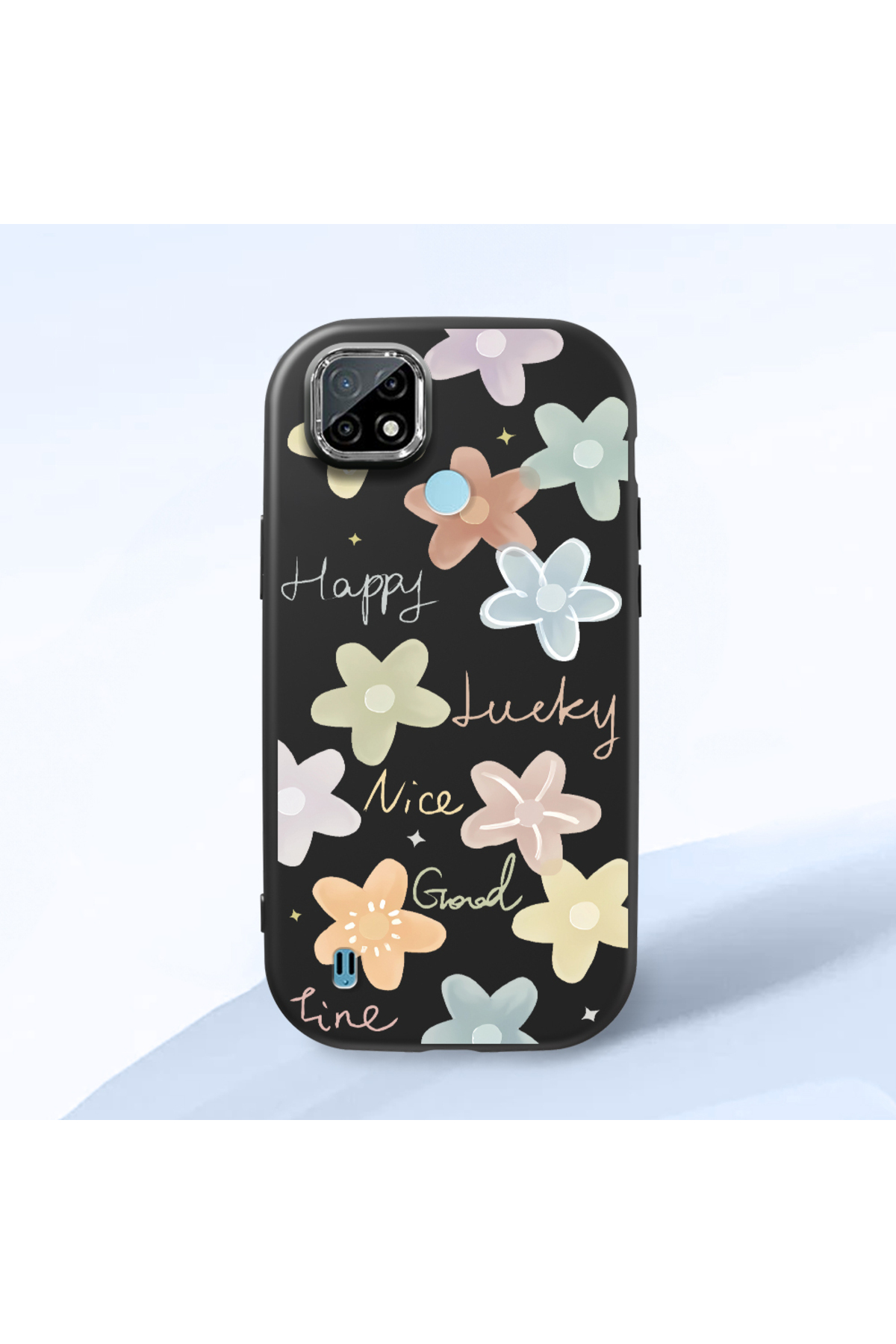 Realme C21 Compatible Shock Absorbing Camera Shielded Black Silicone Case with Flower Pattern