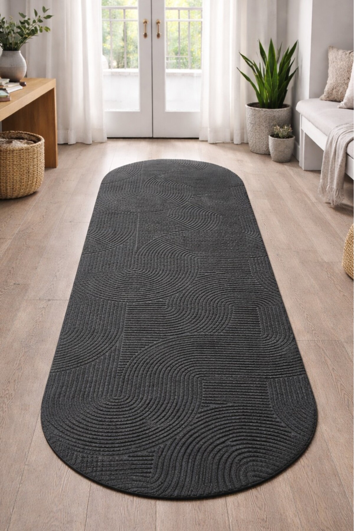 Relief Oval Anti-Slip Washable Curl Living Room Kitchen Corridor Runner Carpet ANTHRACITE