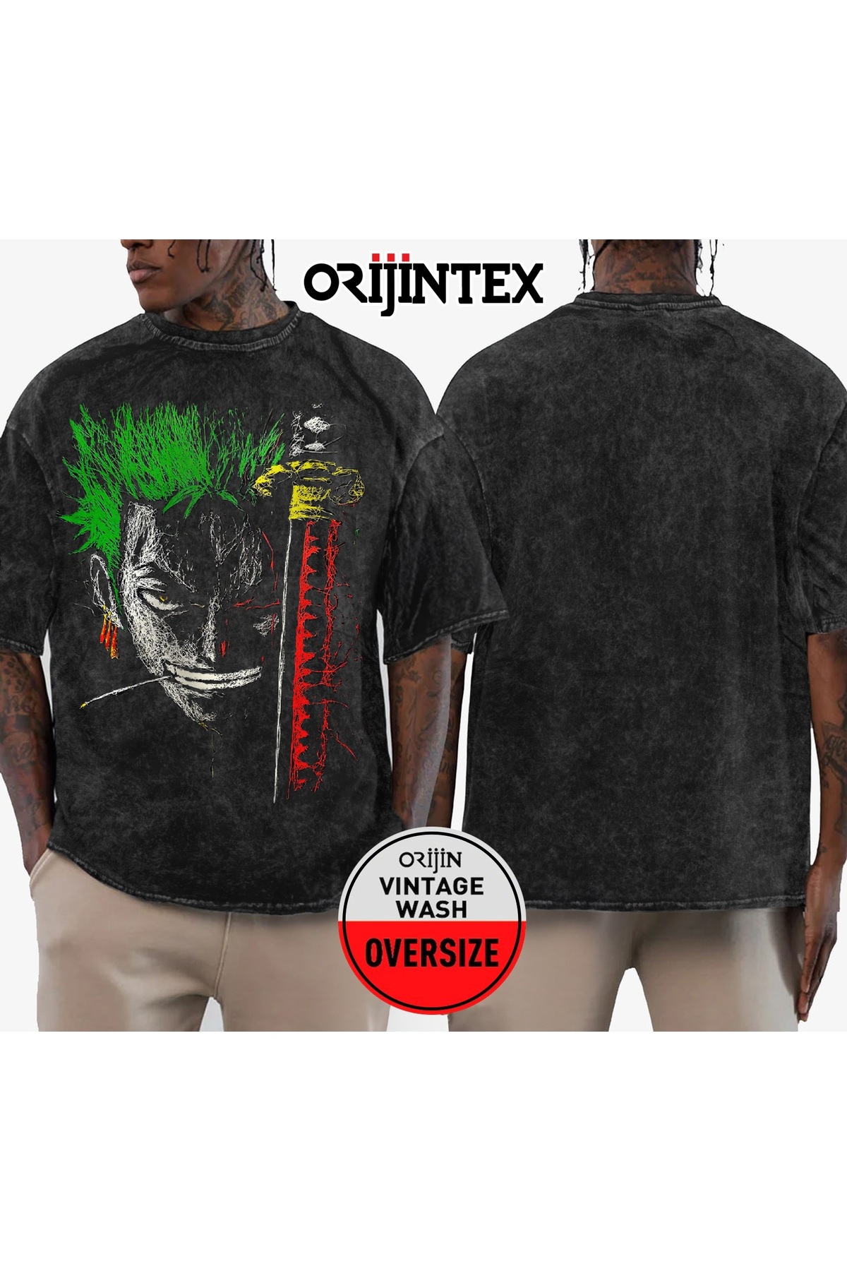 orijintex One Piece Roronoa Zoro Çizgili Baskılı Yıkamalı Oversize