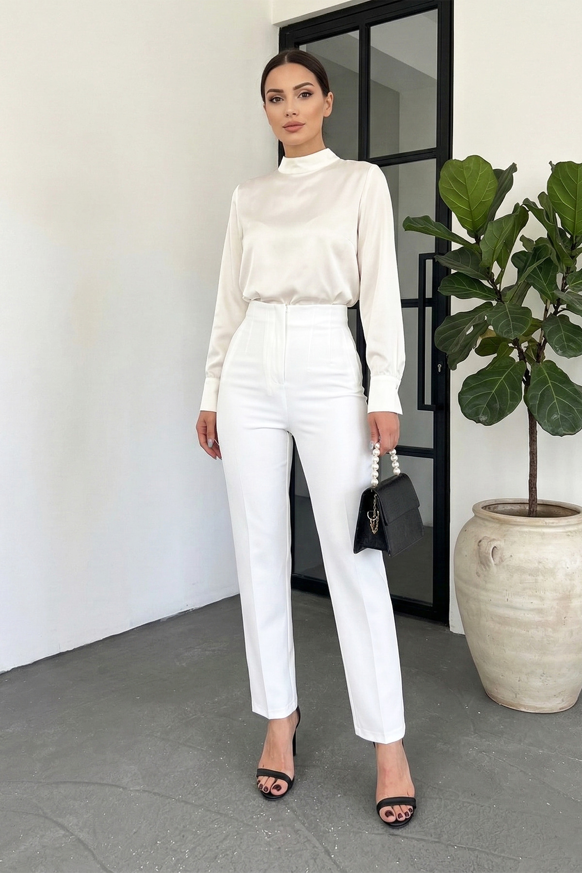High Waist Thin Cloth White Fabric Trousers