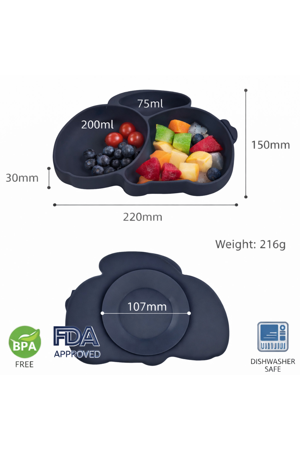 jojobebek Tavşan -Vakumlu Silikon Mama Tabağı, Paslanmaz Çelik Çatal, Kaşık ve Saklama Kutusu (Lacivert) fotoğrafı 2 (önizleme)