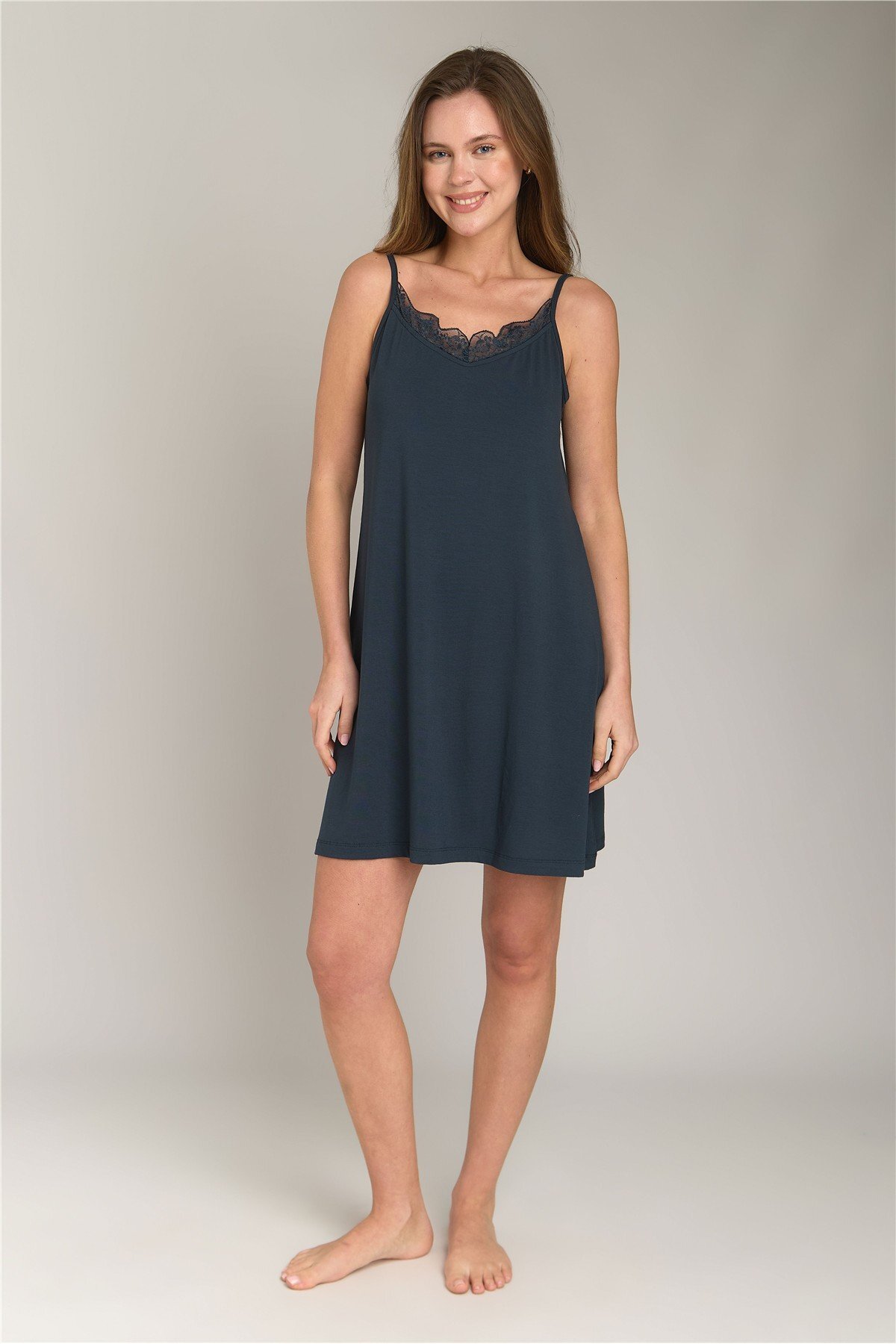 LOVELY THINGS Ella Örme İp Askılı Dantelli Gecelik - Antrasit