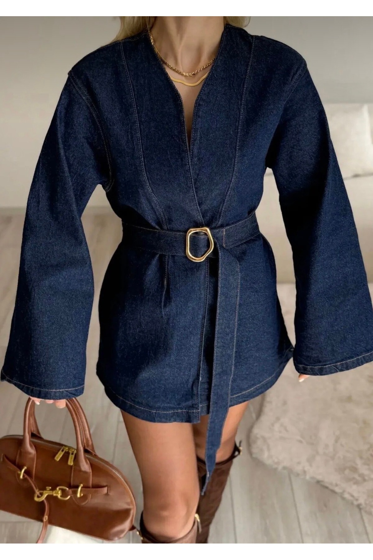 Ekim Store  Kimono Kemerli Oversize Kot Ceket - Görsel 2