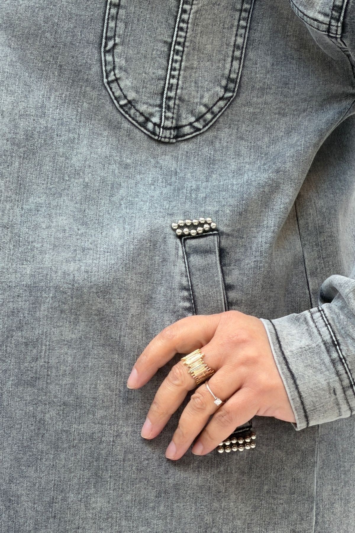 Eslina  53022 Büyük Beden Yıldız İnci Çakma Detaylı Kot Ceket - Antrasit - Görsel 4