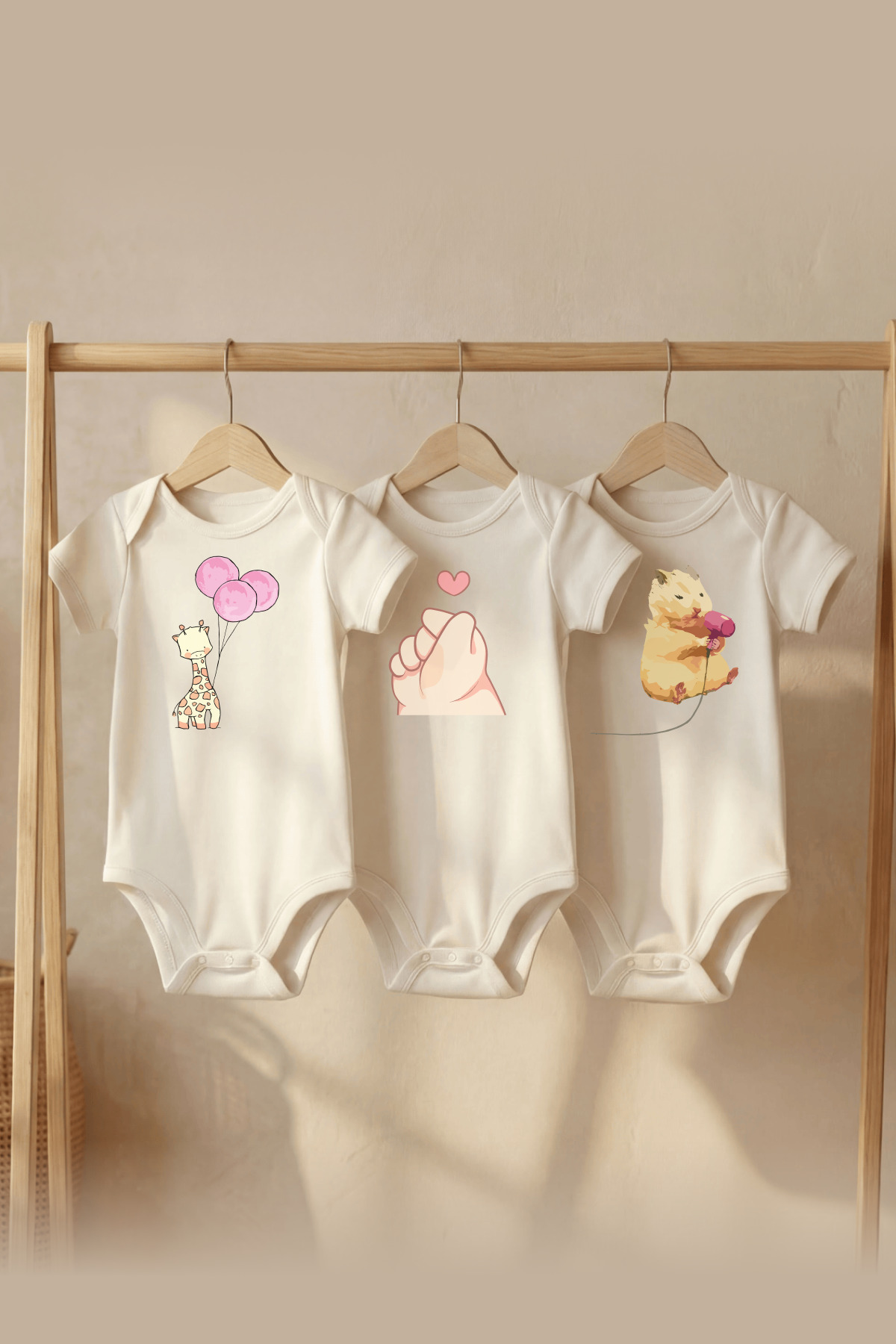 Organic 100% Cotton 3-Piece Set Giraffe And Hamster Printed Short Sleeve Snap Fastener Baby Body Band Snapsuit