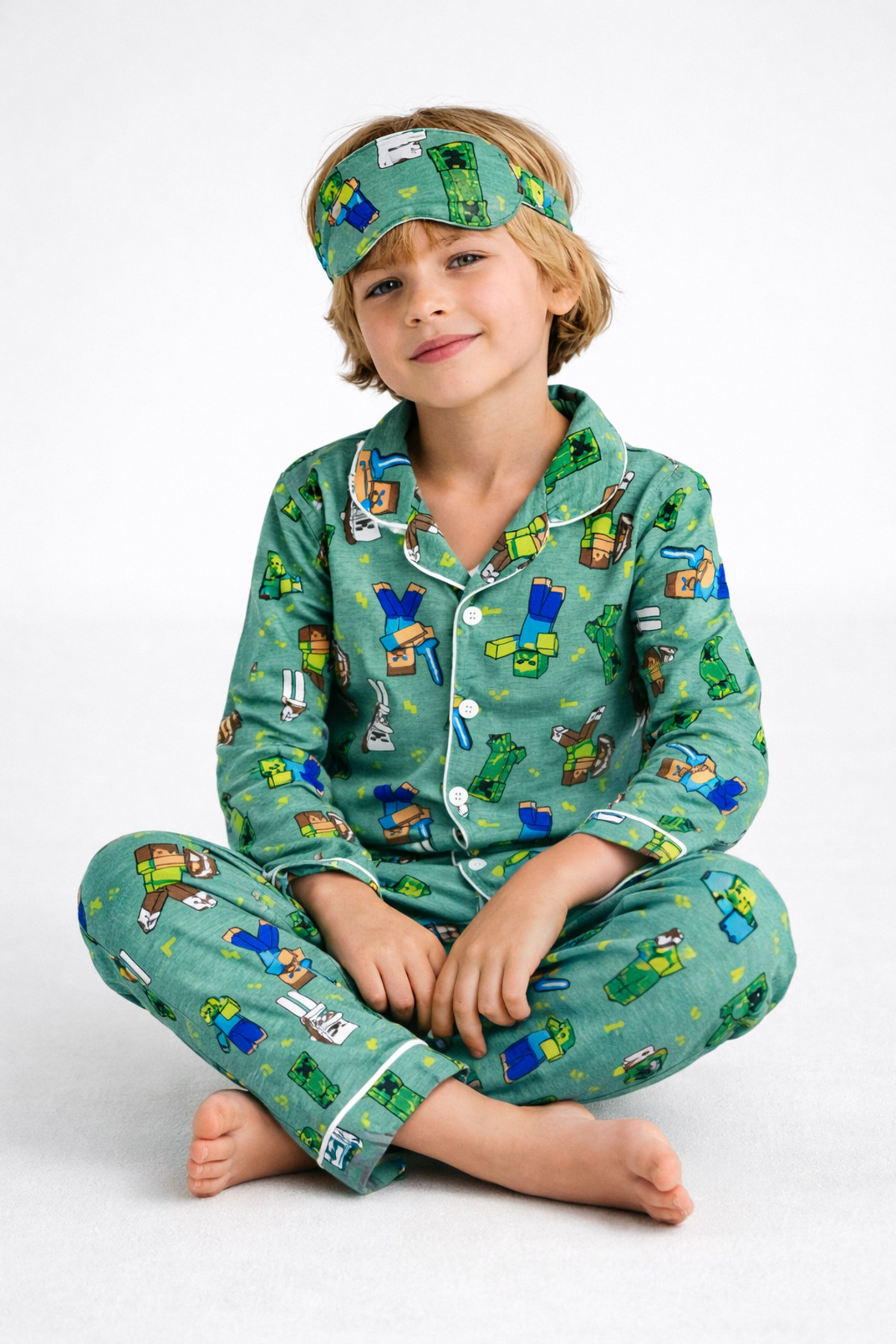 Beka Kids Desenli Uzun Kollu Önden Düğmeli Gömlek Yaka Erkek Çocuk Pijama Takımı Ve Göz Bandı fotoğrafı 3 (önizleme)