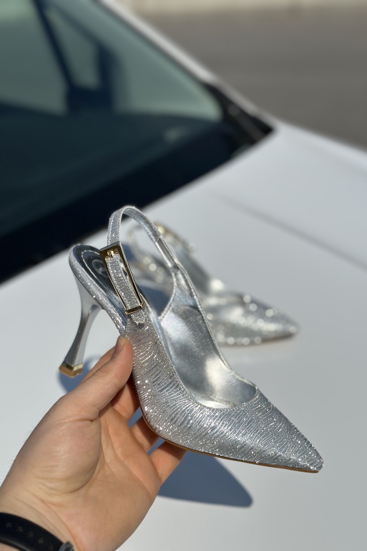 topuksarayı  Tao gümüş simli sivri burun slingback ince topuk kadın abiye ayakkabı - Görsel 5