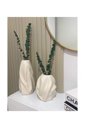 SERAMİK Bej & Beyaz DALGALI 2'Lİ SET Dekoratif Vazo – Modern Ev Hediyesi