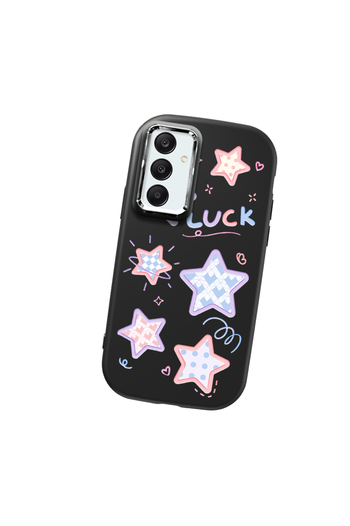Samsung Galaxy A25 Compatible Black Soft Silicone Phone Case with Camera Protection Colored Star