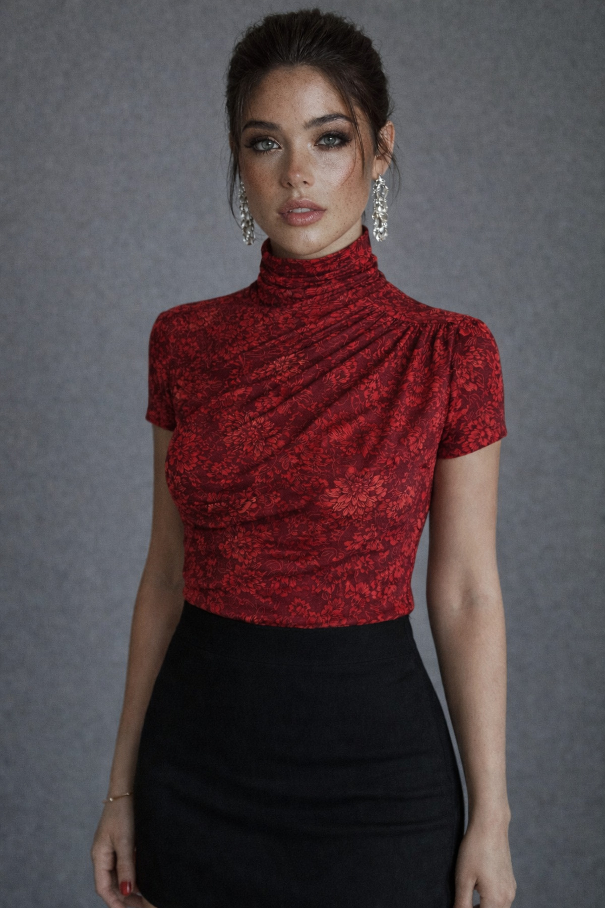 Be Best  Kadın Kırmızı Dik Yaka Çiçekli Büzgülü Bluz BE383