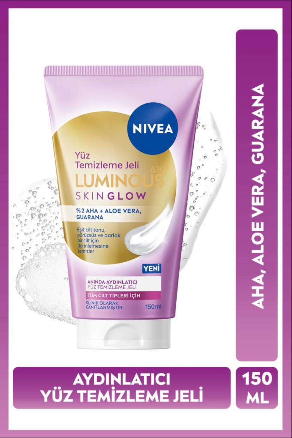 NIVEA نیووا ژل پاک کننده صورت روشن کننده فوری پوست Luminous630 Skin Glow، 150 میلی لیتر، AHA، آلوئه ورا، رنگ یکنواخت پوست — 99400