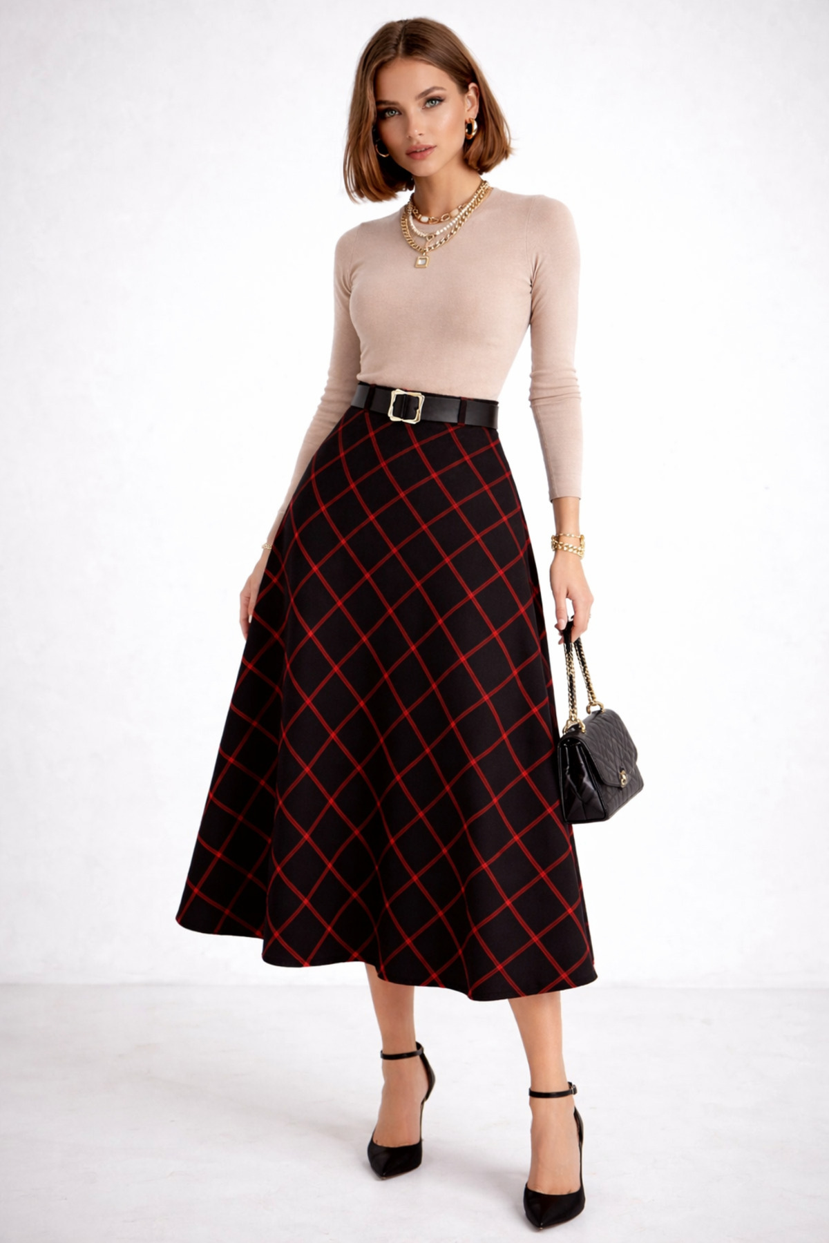 Women's Red Black Striped Plaid Patterned Belt Detailed Long Skirt İST-2