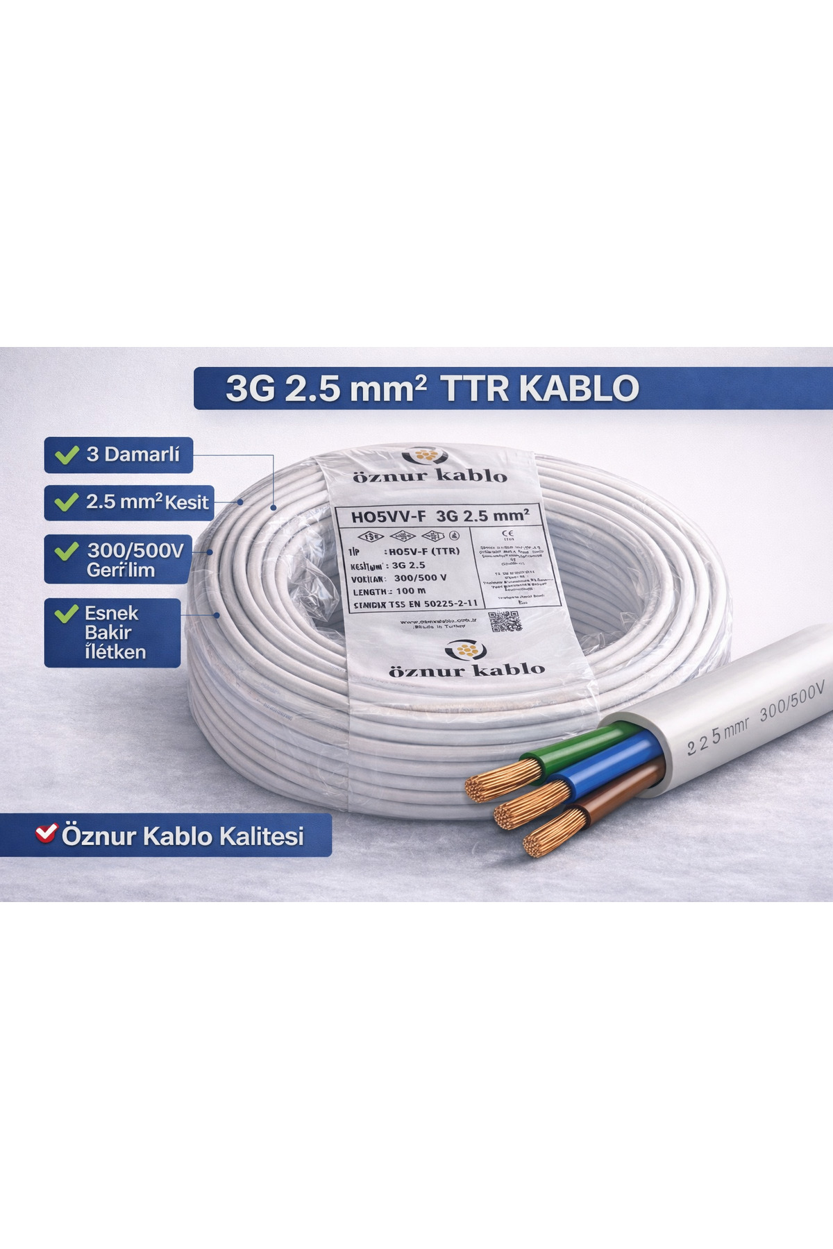 ÖZNUR Kablo HO5VV-F 3G 2.5 mm² TTR Kablo | 100 Metre | 300/500V