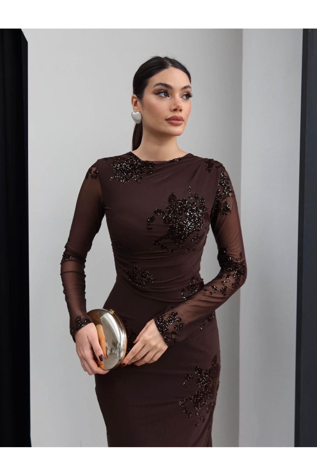 My Blog  Kahverengi Işıltılı Kolları Transpran Midi Elbise - 0864 - Görsel 5