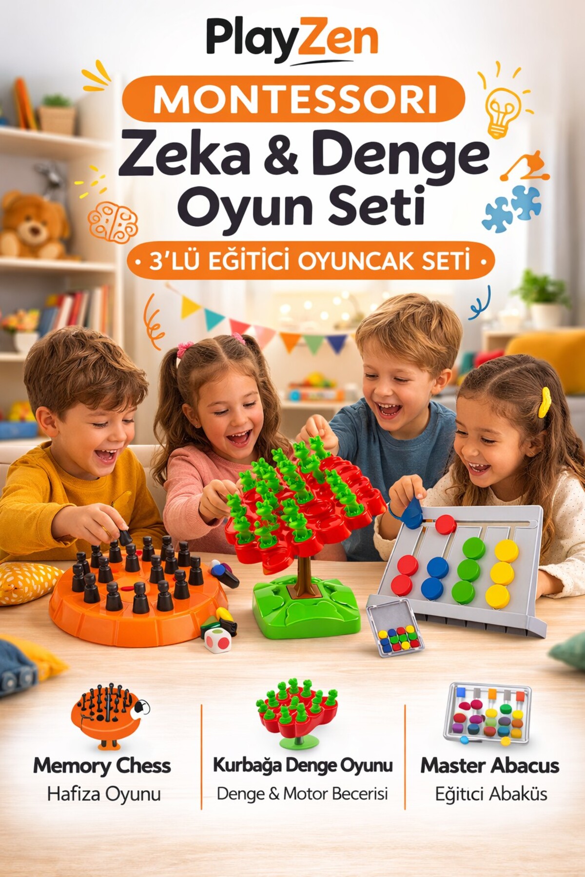 PlayZen Montessori Zeka & Denge Oyun Seti 3’lü – Memory Chess + Kurbağa Denge + Abaküs Eğitici Oyuncak Seti fotoğrafı 3 (önizleme)