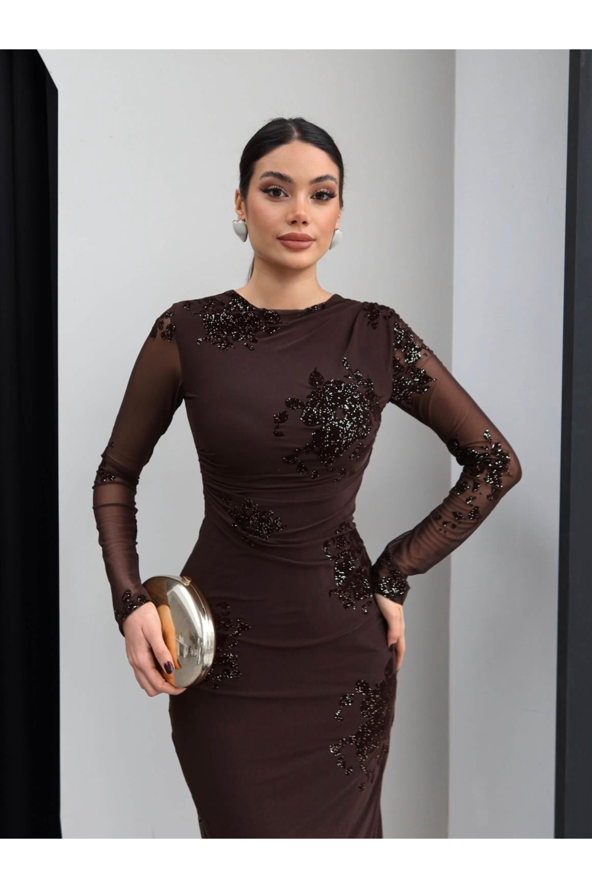 My Blog  Kahverengi Işıltılı Kolları Transpran Midi Elbise - 0864 - Görsel 6