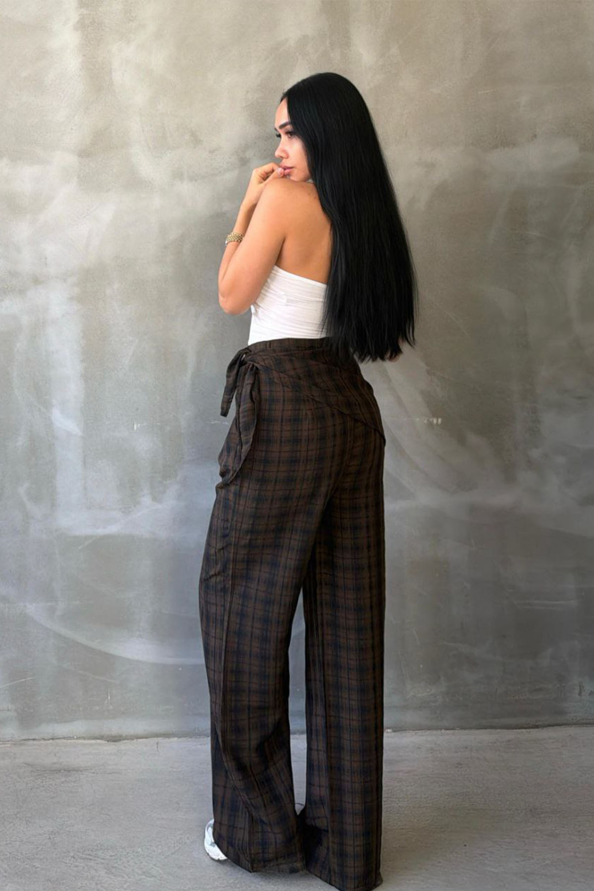 Moderk  BSK Fular Detaylı Ekoseli Tailored Fit Pantolon - Görsel 5